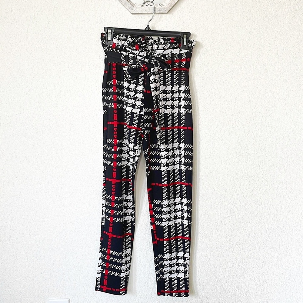 SHEIN • Red Black White Plaid Tartan High Waist Tie Belt Skinny Pants